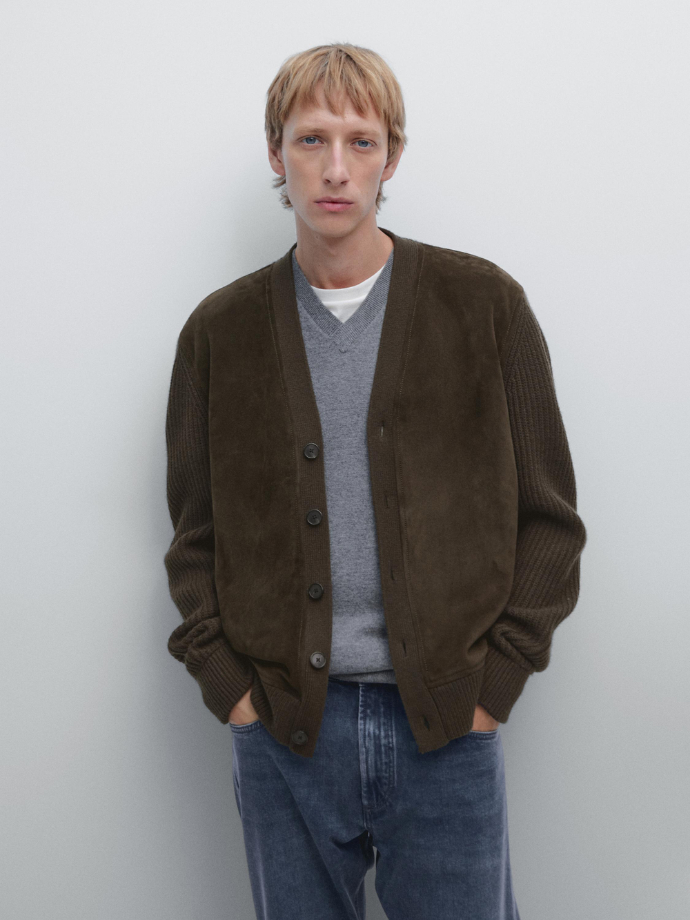 Massimo Dutti Вязаный кардиган из смеси шерсти и кожи, коричневый