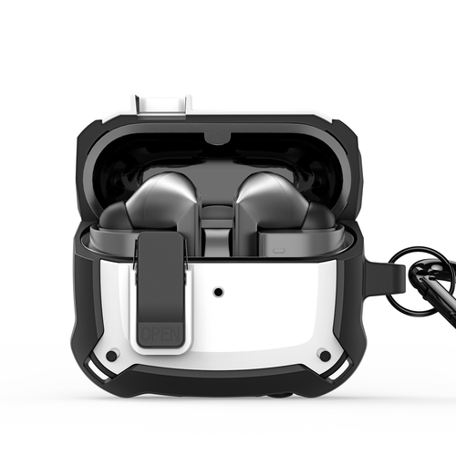 Усиленный чехол белого цвета от Dux Ducis для наушников Samsung Buds 3 и Buds 3 Pro, серия SECH Series Case, в комплекте с карабином