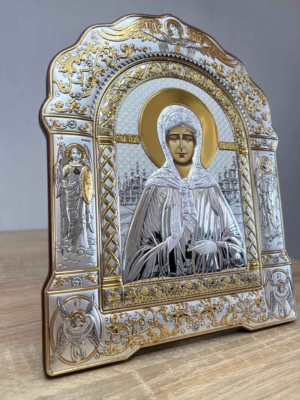 Матрона, икона арочная с рамкой, красное дерево 206х270