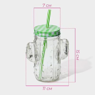 Банка с крышкой и трубочкой Доляна «Кактус», 450 мл, 11×7×15 см