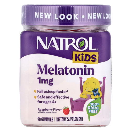 Natrol, Kids, жевательная добавка с мелатонином, для детей от 4 лет, с малиновым вкусом, 1 мг, 90 жевательных таблеток