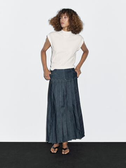 Massimo Dutti Джинсовая юбка миди с плиссировкой, темно-серый