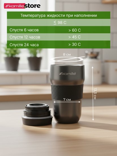 Термокружка 320 мл. из нержавеющей стали Kamille KM 2165 с TPR-вставкой