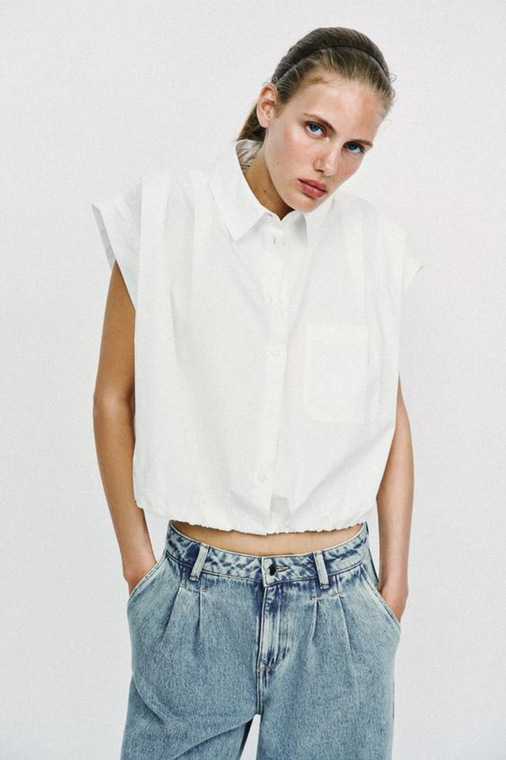 ZARA ДЖИНСЫ Z1975 WIDE LEG С ЗАЩИПАМИ, ГОЛУБОЙ