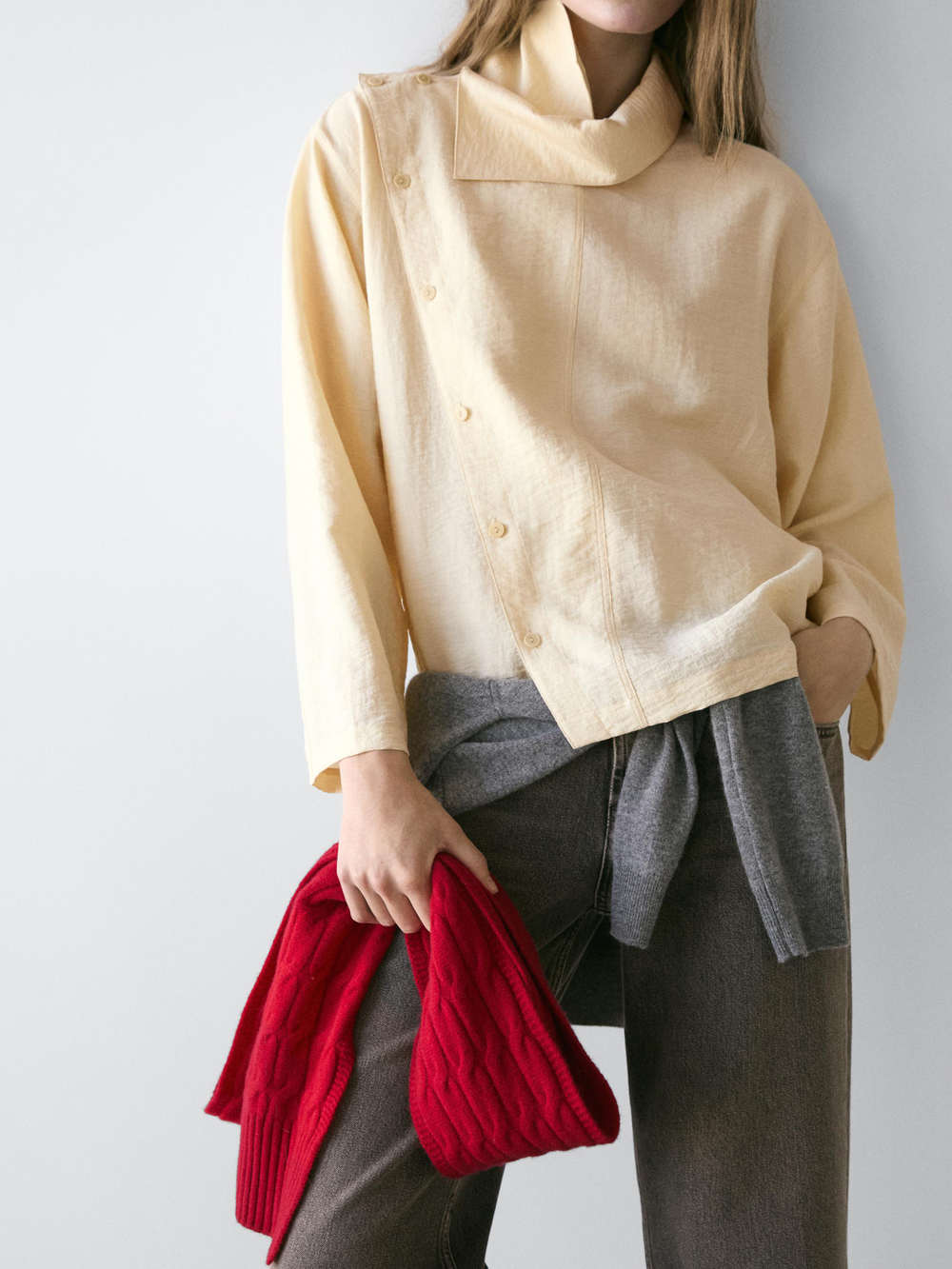 Massimo Dutti Рубашка с диагональной планкой на пуговицах, натуральный/кремовый