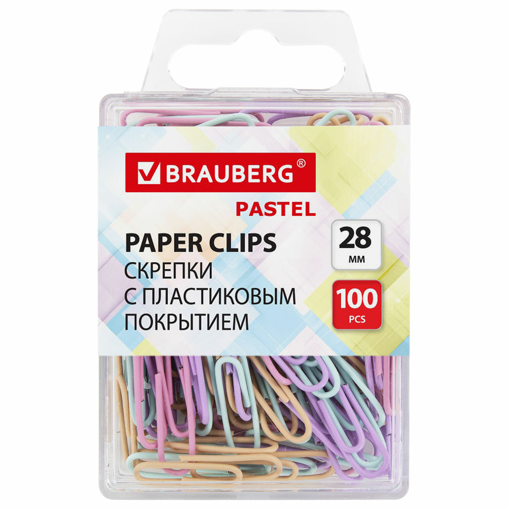 Скрепки BRAUBERG PASTEL, 28 мм, пастельные цвета, 100 шт., в пластиковой коробке, 271956