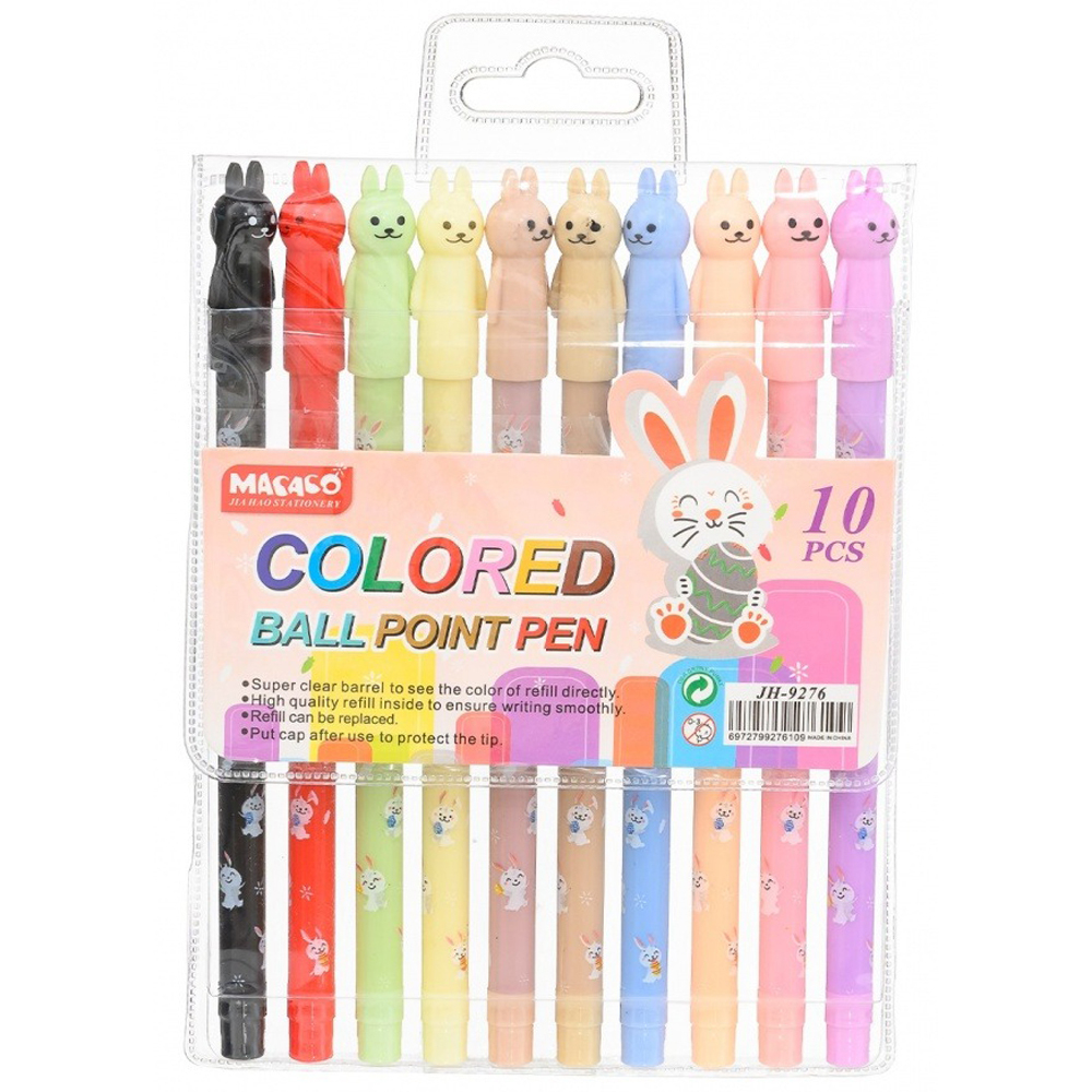 Ручка шариковая, масляная, Basir, цветные чернила, цветной корпус с фигуркой зайчика, набор 10 шт