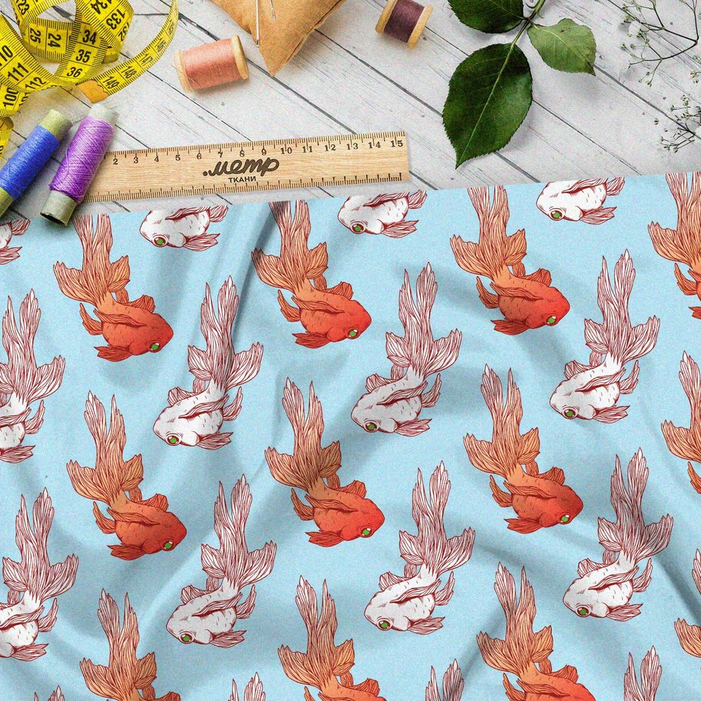 Ткань флис золотые и белые рыбки на голубом фоне