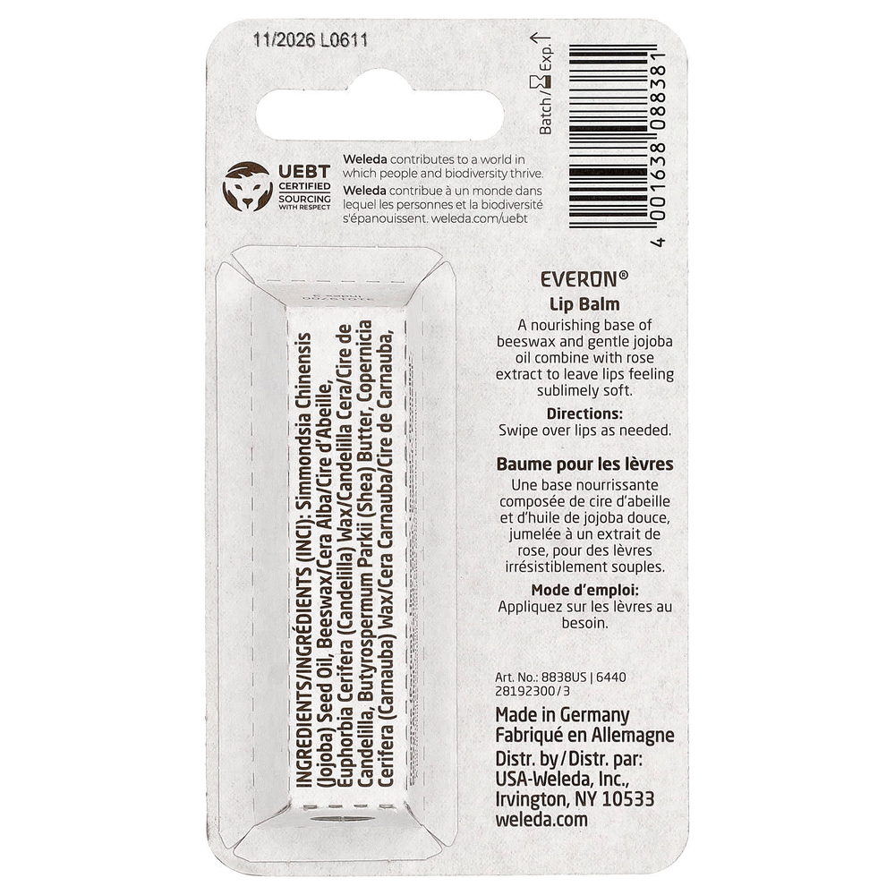 Weleda, Everon®, бальзам для губ, роза и пчелиный воск, 4,8 г (0,17 унции)