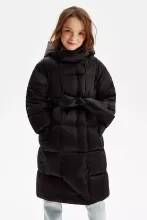 Черное пальто-пуховик с капюшоном для девочки PULKA