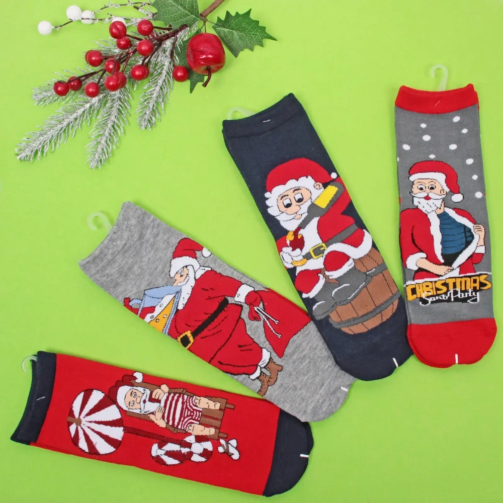 Носки новогодние «Дед мороз», микс 5 цветов, р-р36-42 (крючок, пакет, стикер)