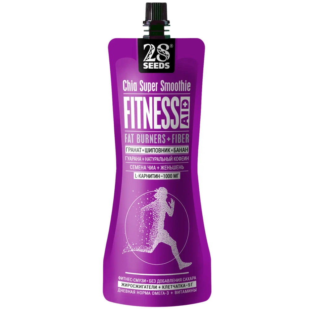 Супер-смузи ЧИА ФИТНЕС «Гранат + Шиповник + Банан» 250 мл 28SEEDS — вид спереди упаковки