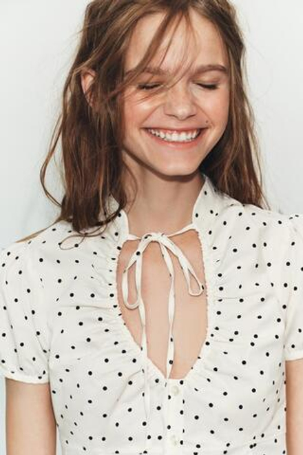 ZARA ТОП ИЗ ПОПЛИНА С ЗАВЯЗКАМИ, ЭКРЮ/ЧЕРНЫЙ