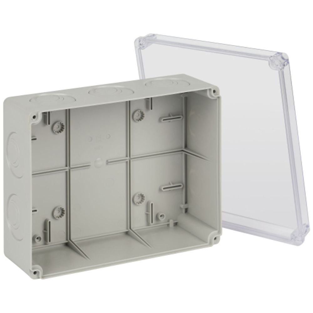 Распаячная коробка ЭРА KORvpk-240-195-90-44 ОП серая 240х195х90мм прозрачная крышка на винтах d25-3шт d32-2шт IP44