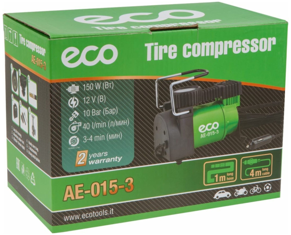 Компрессор автомобильный ECO AE-015-3, 40 л/мин, аналоговый манометр, защита от перегрева