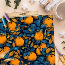 Ткань премиум атлас мандарины на синем