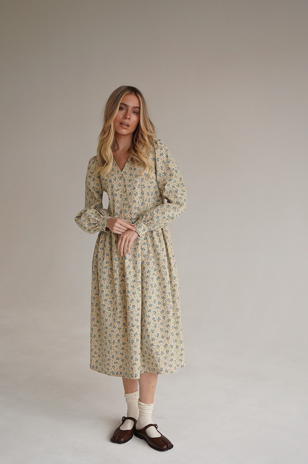 Платье Ева из фланели, Кремовый с голубыми цветами