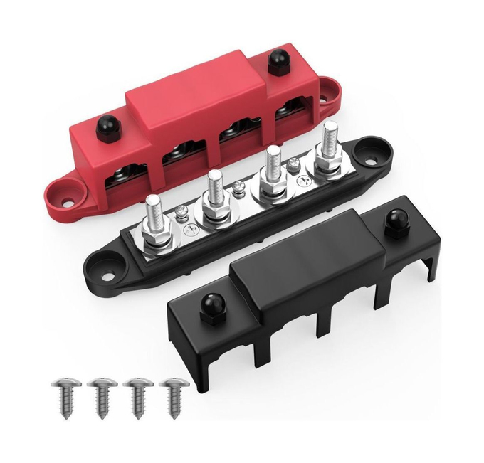 Колодка распределительная электромонтажная, 4 контакта, черная/красная, M8