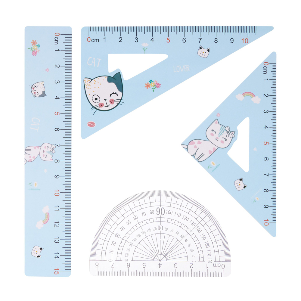 Линейка Basir пластиковая, набор 4 шт, серия "Котики", 4 предмета: линейка 15 см, транспортир и два угольника