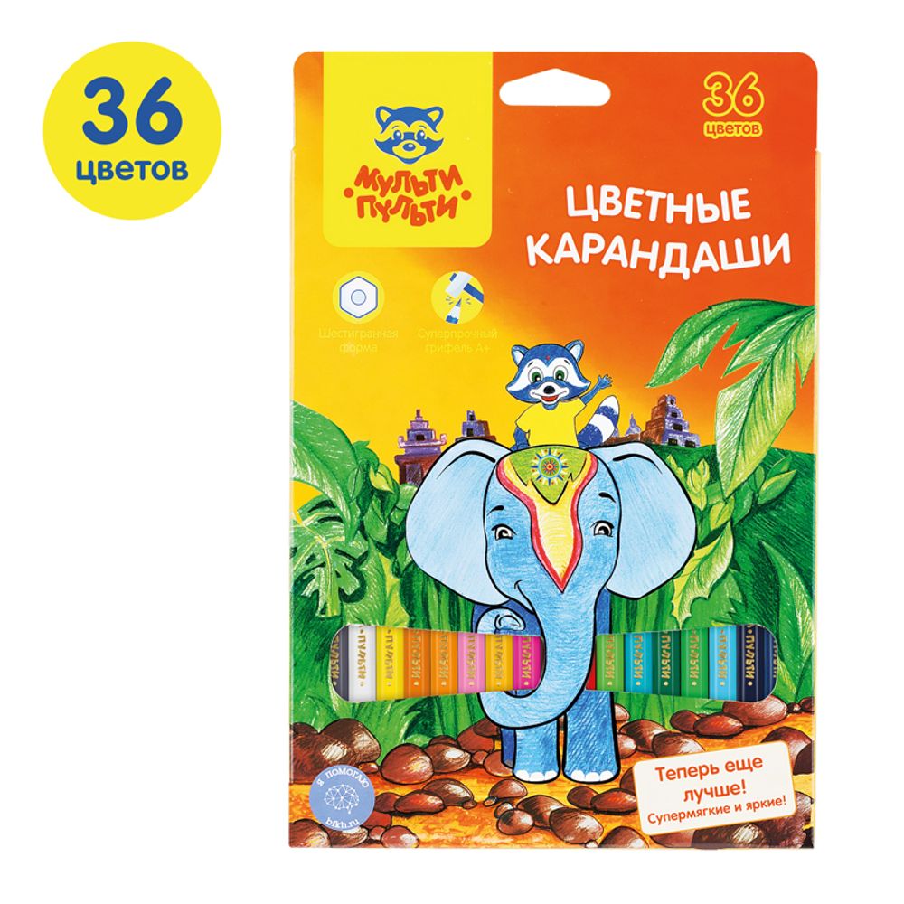Карандаши цветные Мульти-Пульти "Енот в Индии", 36цв., заточен., картон, европодвес