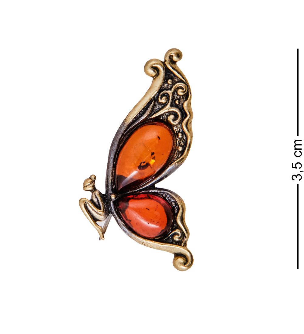 AM-3922 Брошь «Бабочка Пробуждение « (латунь, янтарь)