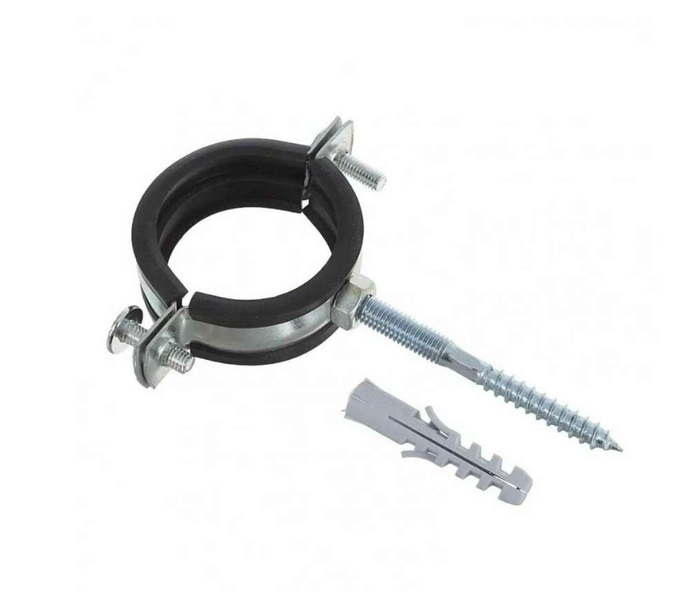 Хомут крепежный стальной оцинкованный с резиновой прокладкой М10 в комплекте