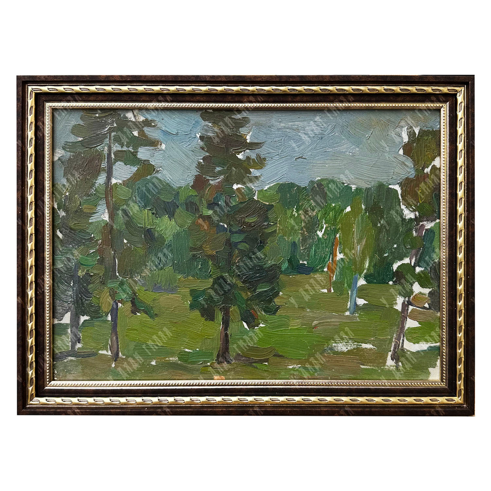 Динес Ю. С. Лес в пасмурную погоду. Этюд. Картон, масло. 1959 г.