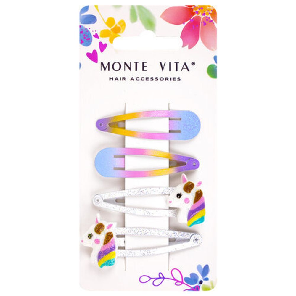 Заколки для волос НАБОР 4 шт., 5 см, клик-клак, с декоративными элементами, АССОРТИ, MONTE VITA, 457090