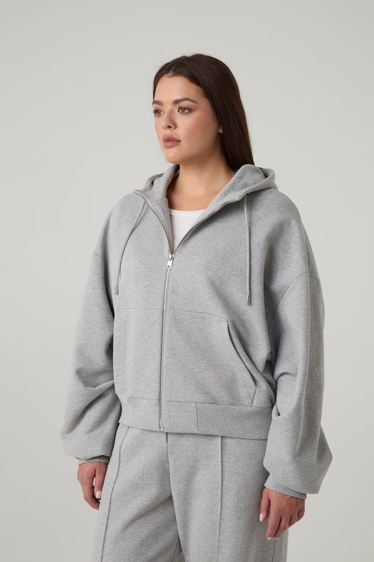 Худи на молнии из футера с капюшоном, серый меланж