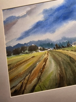 Картина акварельная в паспарту 30х40 см на стену для интерьера "Сельская дорога в Веребково"