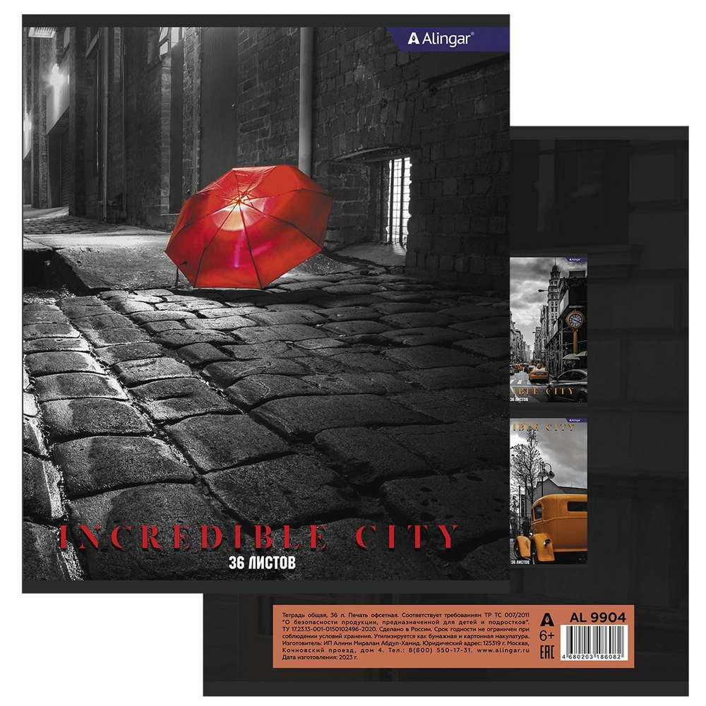 Тетрадь 36 л., А5, клетка, Alingar "Городские виды ", скрепка, офсет, мелованный картон (стандарт), 4 дизайна в пленке т/у