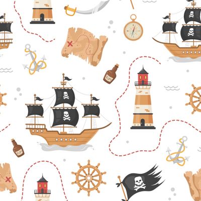 Пиратское приключение. Корабль, карта, маяк, компас