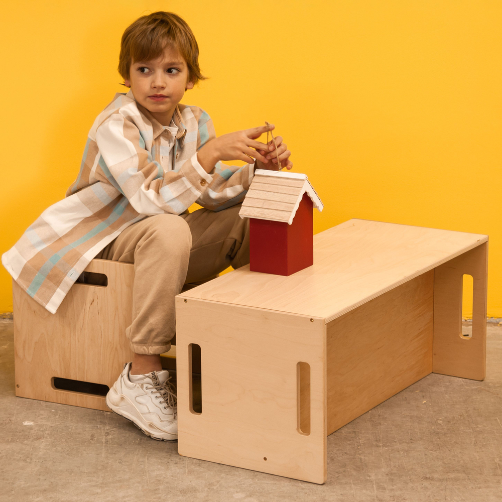 Стул перевертыш Чек, растущий детский стол и стул 2в1 из фанеры березы, прозрачный лак