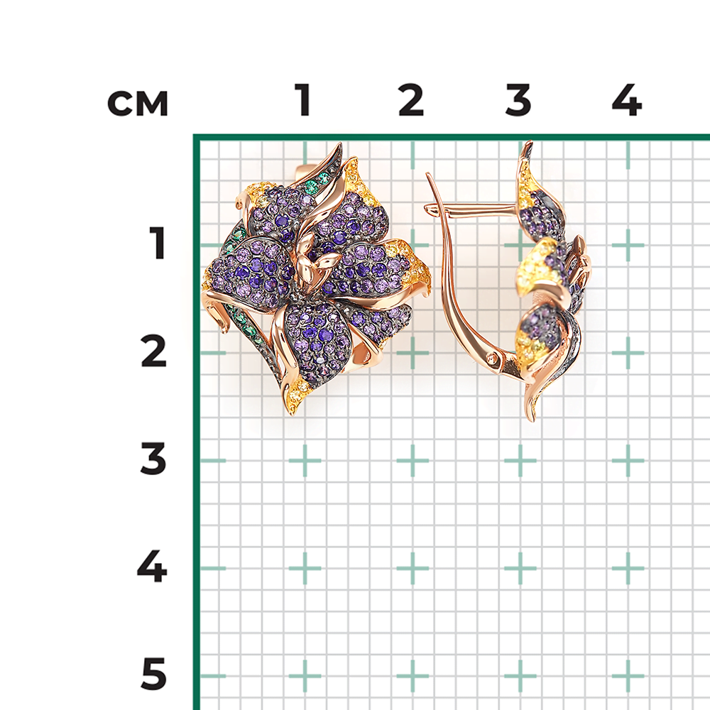 Серьги «Лилии» с английским замком из красного золота с фианитами