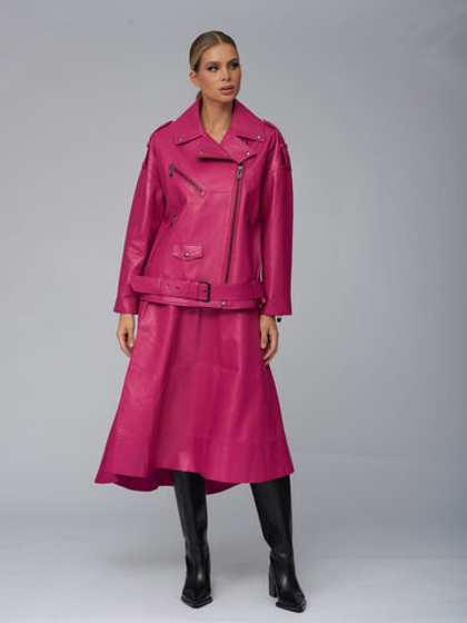 Женская кожаная юбка розовая расклёшенная