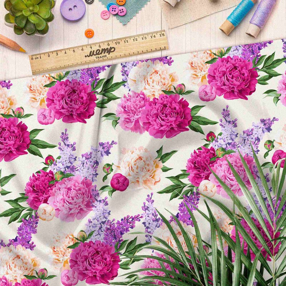 Ткань бифлекс насыщенные пионы