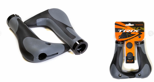 Грипсы TRIX, резиновые, 150мм, 2-х компонентные, эргономические, алюминиевые фиксаторы - на руль черные - 2шт., рога, с заглушками руля, серо-черные(50)