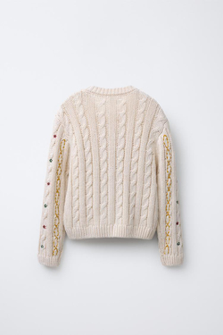 ZARA ВЯЗАНЫЙ КАРДИГАН С ВЫШИВКОЙ И УЗОРОМ «КОСЫ», СЛОНОВАЯ КОСТЬ