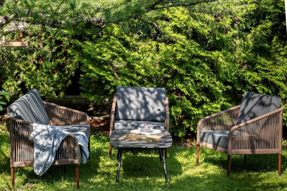 "Канны" лаунж-зона 4-местная из роупа со столом "Верона" (серый гранит), каркас алюминиевый коричневый, роуп коричневый