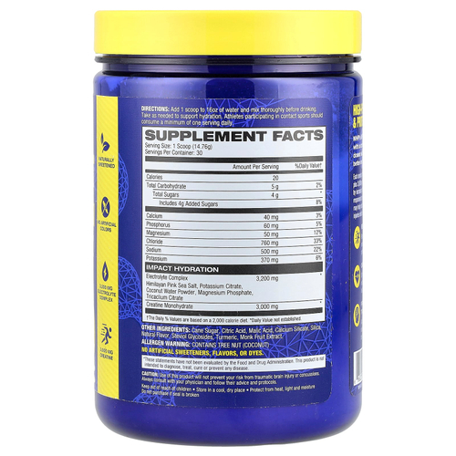 MHP, Impact Hydration, электролиты и креатин, лимон и лайм, 0,98 фунта (15,6 унции)