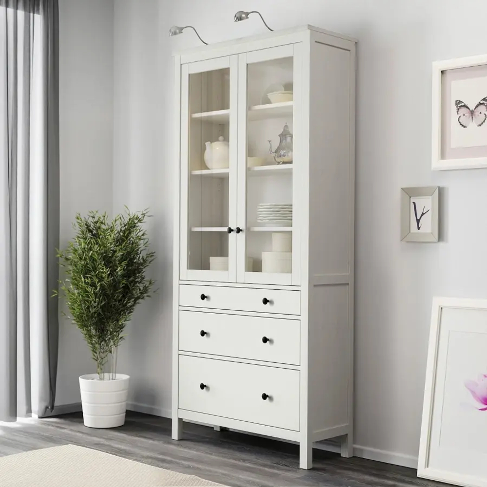 Шкаф со стеклянными дверцами - IKEA HEMNES/ХЕМНЭС  ИКЕА, 90x197х37 см, белый,