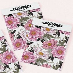 Ткань интерлок розовые цветы серые листья