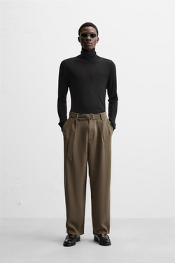 ZARA БРЮКИ С ЗАЩИПАМИ И РЕМНЕМ, ШОКОЛАДНЫЙ