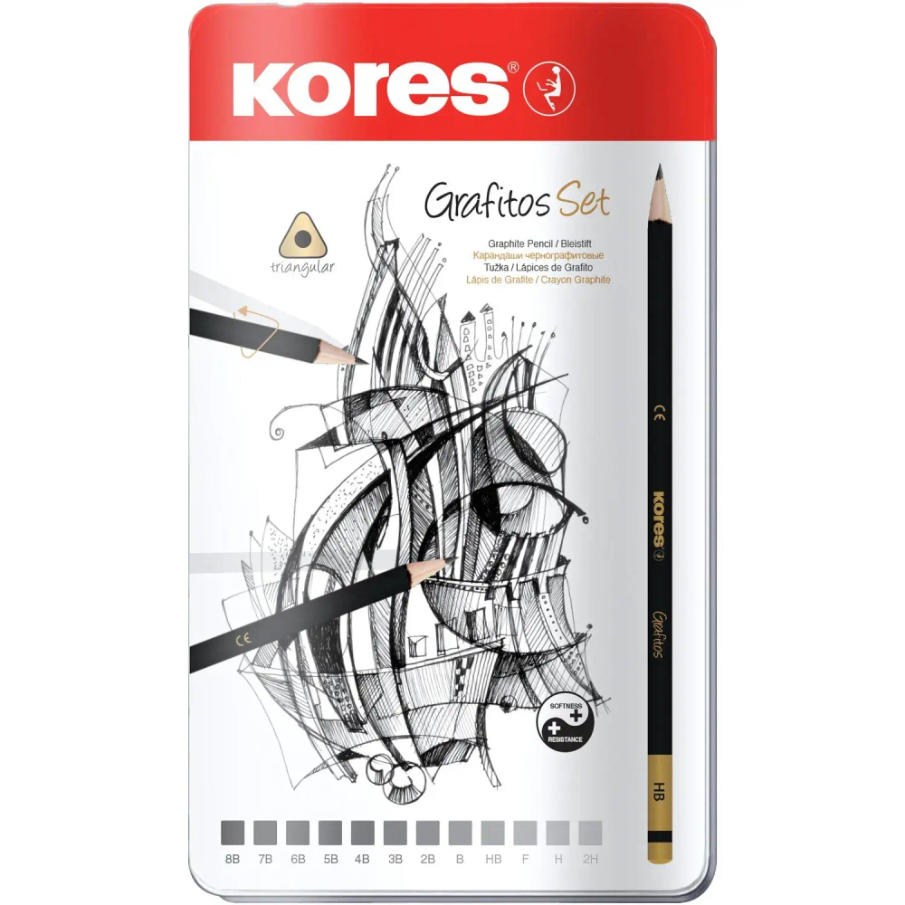 Набор карандашей чернографитных Kores GRAFITOS,трехгр.12 шт.(2Н-8В), 92162