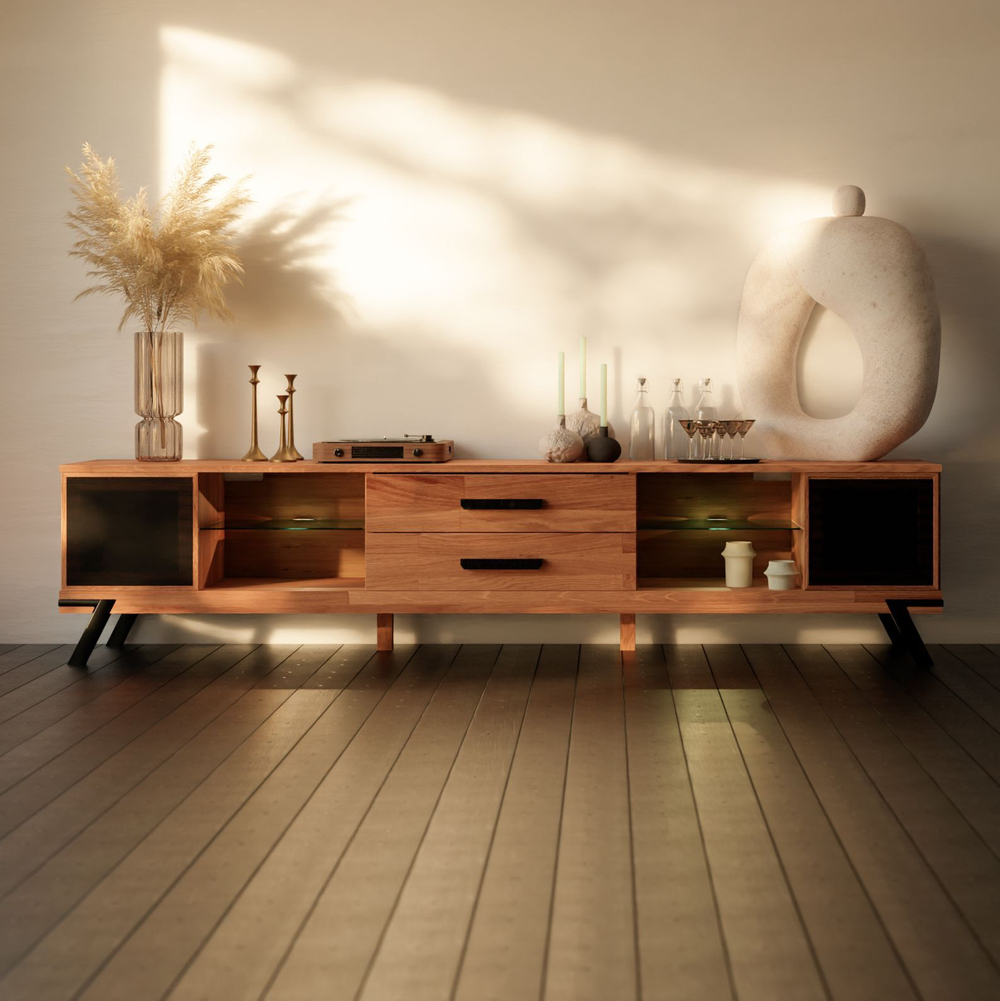 Тумба под телевизор Флеверс 220 см, массив дуба, металл. комплектующие