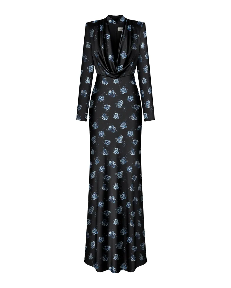 Emma maxi, платье макси из черного атласа со средним цветочным принтом