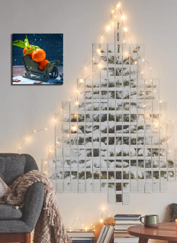 Картина на стекле, Подарок на Новый год, Картина на стену Санки с апельсинами, 28х28см Декор для дома, подарок