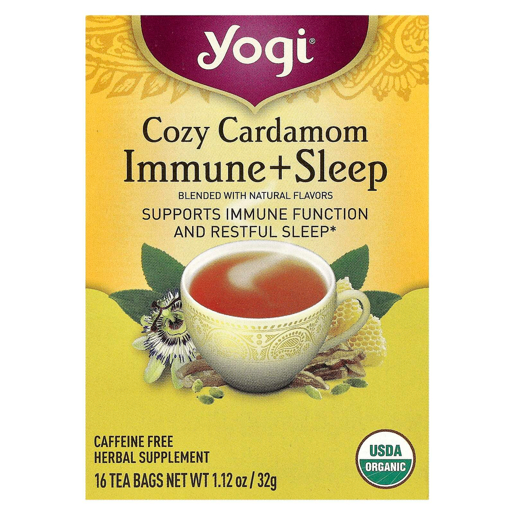 Yogi Tea, Cosy Cardamom Immune + SleepTea, без кофеина, 16 чайных пакетиков, 32 г (1,12 унции)