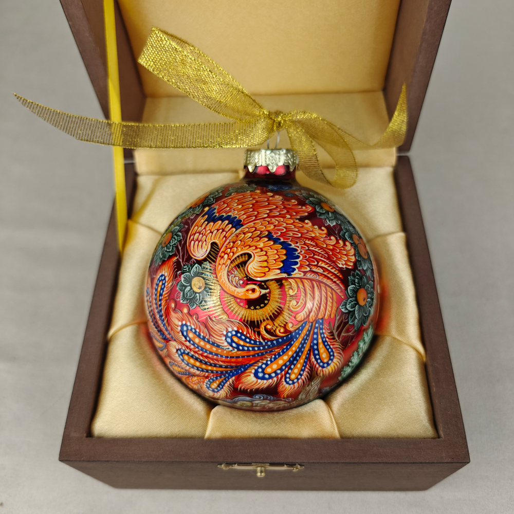 Шар новогодний с круговой росписью Палех "Жар-птица" на красном в футляре