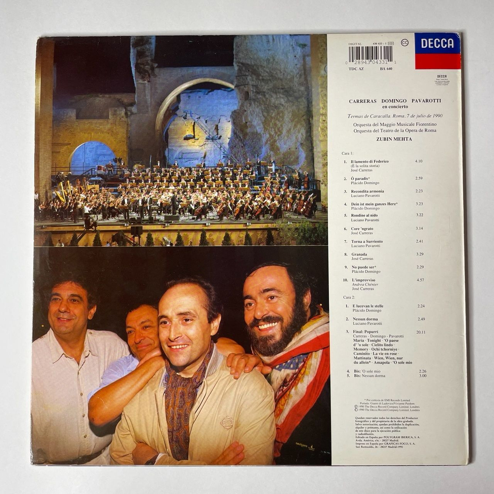Винтажная виниловая пластинка LP Carreras, Domingo, Pavarotti, Mehta In Concert (Spain 1990)
